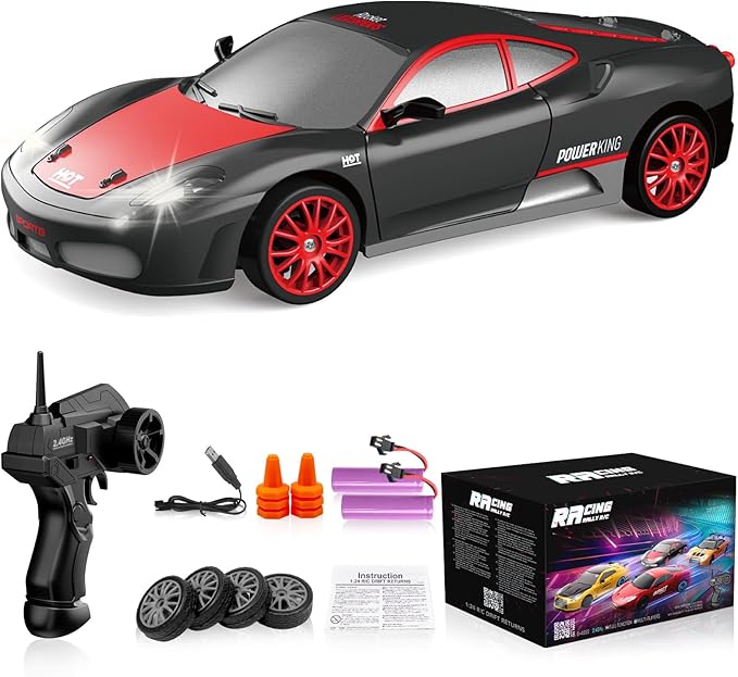 Remote Control Car RC Drift Car 2.4GHz 1:24 Scale 4WD 15KM/H High Speed Model Vehicle with LED Lights Drifting Tire Racing Sport Toy Car for Adults Boys Girls Kids Gift 2Pcs Rechargeable Batteries