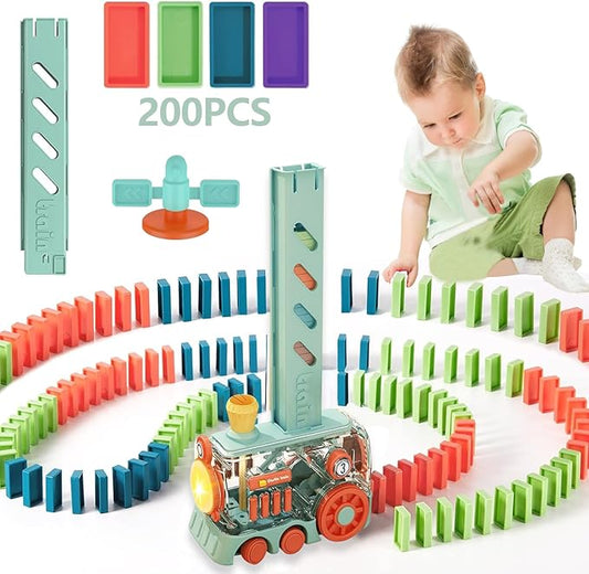 Domino Train Toys, 200PCS Automatic Dominoes Stacking Kids Games for 3+ Year Old Boys, Stem Montessori Toy Toddler Birthday Gifts Age 4 5 6 7 8
