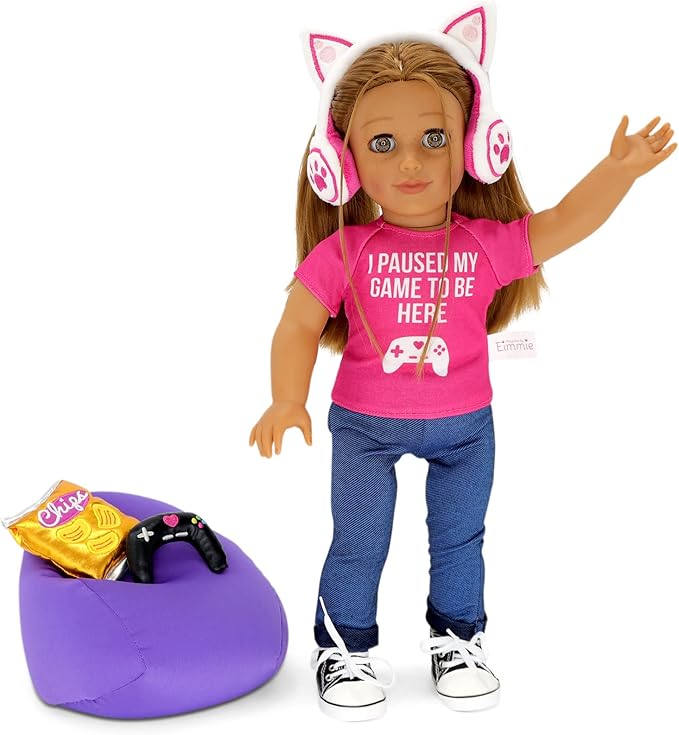 Playtime by Eimmie 18 Inch Doll Clothes and Accessories - Gamer Girl Outfit with Shoes, Clothing Sets & Stuff - Fits American, Generation & Other 18" Dolls for Girls