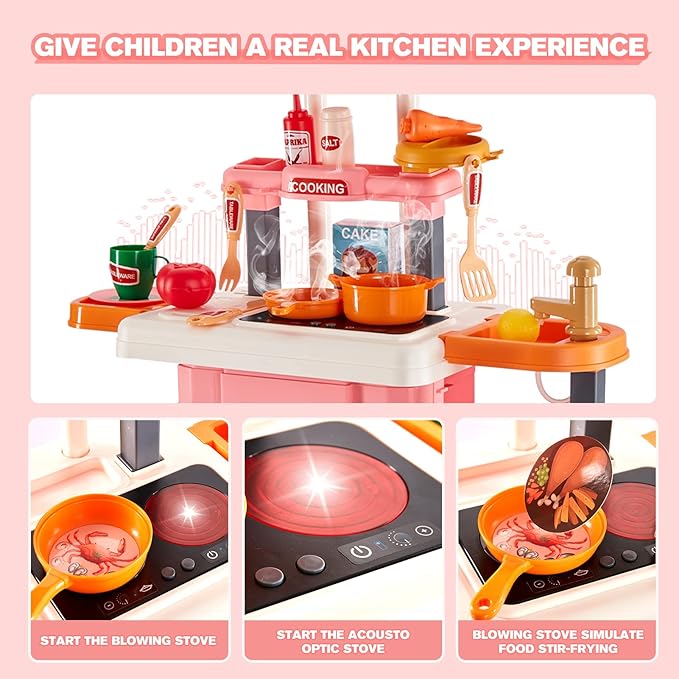 3-in-1 Kids & Toddler Play Kitchen - Interactive Kitchen Playset with Real Cooking Sounds & Lights, 50 Accessories & Flowing Water Feature, Portable Travel Suitcase Design Learning Toys for Ages 2-6