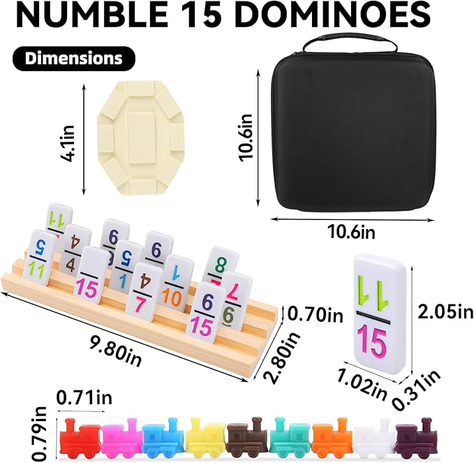 Double 15 Mexican Train Dominoes Set with 8 Wooden Racks & 136 Number Tiles Portable Travel Board Game for Kids and Adults Family Game Night