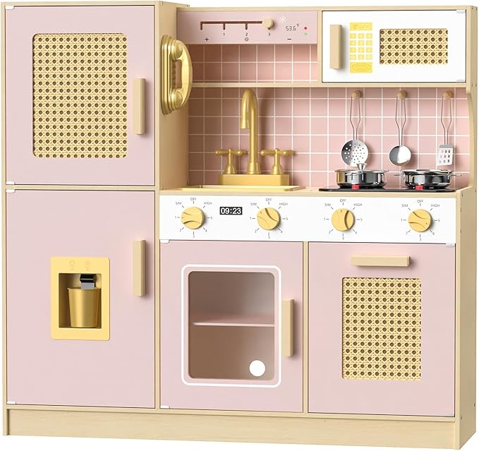 Babytronic Wooden Kitchen Playset for Kids, Pink Pretend Play Kitchen with Lights & Sounds, Retro Style Toy Kitchen for Toddlers Ages 3+, Wooden Play Kitchen Set with Realistic Design (Pink)