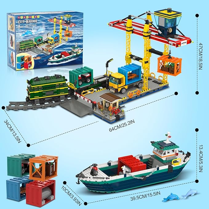 HOGOKIDS City Wharf Building Set with Crane - Includes Ship Train Truck, 4 Containers with Cargo Harbor Building Blocks | Large Construction Toy for for Adults Teens Kids Girls Boys 8-14+（1373PCS）