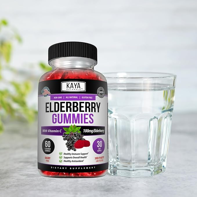 Kaya Naturals Immune Support - Powerful Immune & Healthy Antioxidant Vitamin Supplement Booster with Vitamin A, C, D & E, Elderberry, Zinc, Electrolytes, Non-GMO, Lemon Flavor (60 Gummies)
