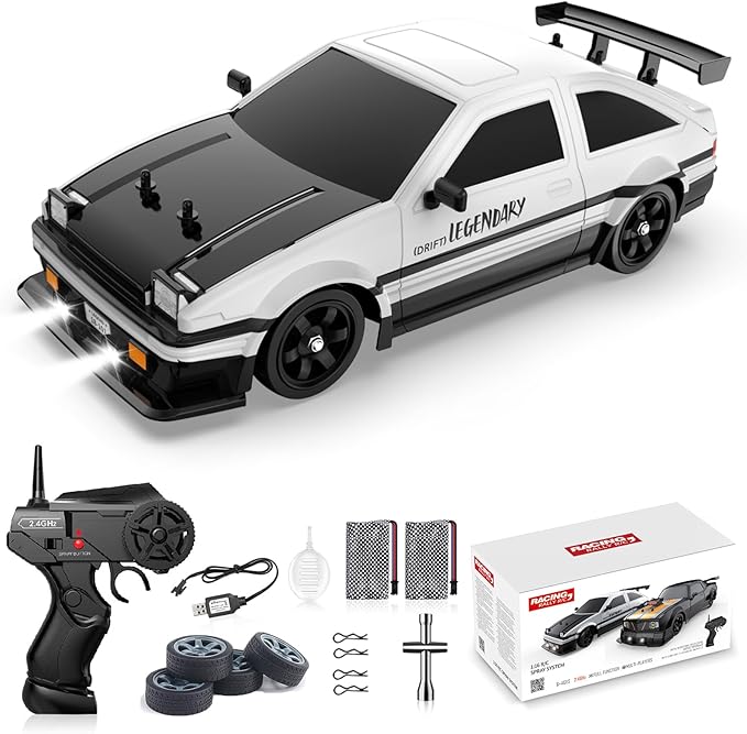 Remote Control Car RC Drift Car 1:16 Scale 4WD 18KM/H High Speed Model Vehicle 2.4GHz with LED Lights Spray Rubber Tire Racing Sport Toy for Adults Boys Girls Kids Gift 2Pcs Rechargeable Batteries