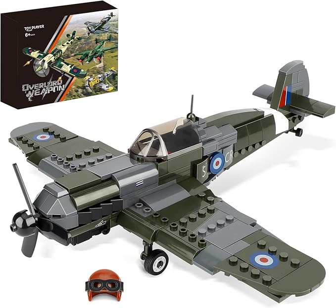 TOY PLAYER Spitfire Fighter Military WW2 Plane Building Set - with Sliding Features, Compatible with Lego Plane, Rotating Propellers, and an Open Cockpit Door