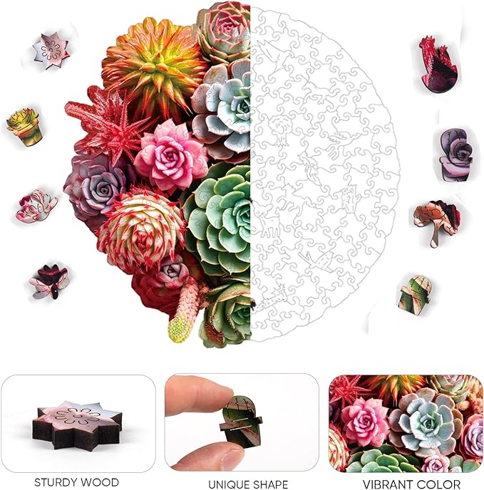 Wooden Puzzles for Adults, Colorful Succulent Puzzle for Mom, Challenging Puzzle, 200 Piece Luxurious Shaped Wooden Puzzles for Family Game Medium 11.3 * 10.5in