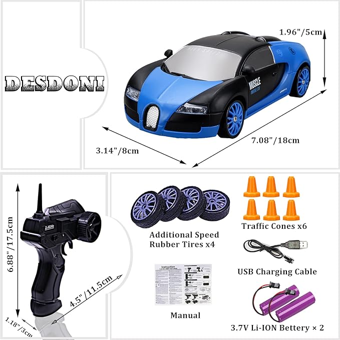 Remote Control Car RC Drift Car 2.4GHz 1:24 Scale 4WD 15KM/H High Speed Model Vehicle with LED Lights Drifting Tire Racing Sport Toy Car for Adults Boys Girls Kids Gift 2Pcs Rechargeable Batteries