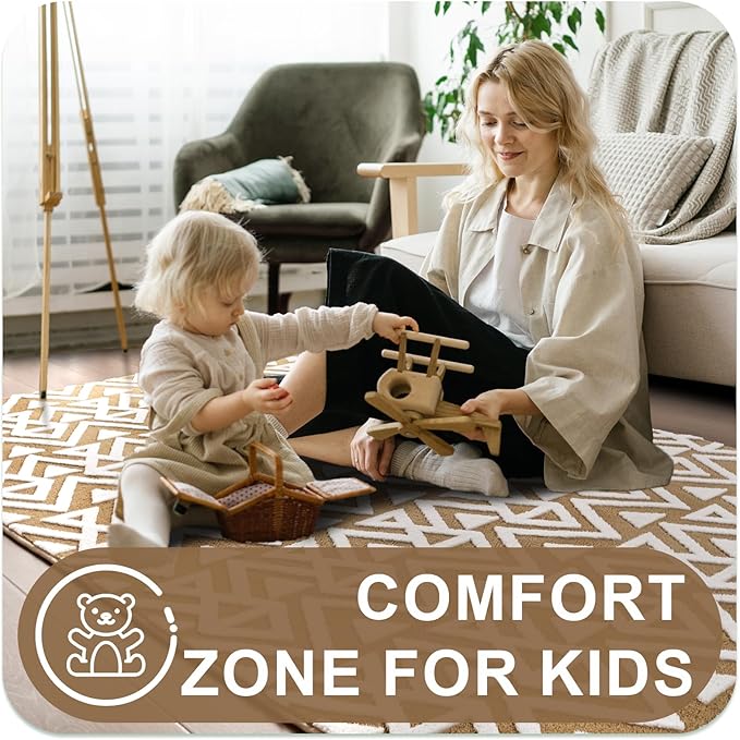 Ompaa Ultra Soft Shaggy Rugs Memory Foam Bedroom Carpet, Beige 7 x 10 Feet Large, Plush Geometric Textured Area Rugs for Living Room Couch Dorm Bedside Kids Girls Teens Room Nursery Decor Floor Mat