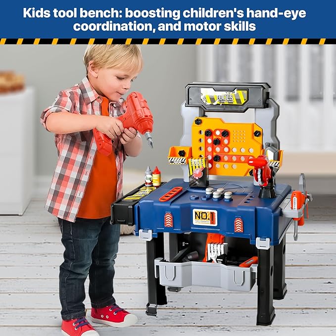 MUGEYMYD Kids Tool Bench Set with Electric Drill and Realistic Tool, Pretend Play Construction Workbench Toys for Toddlers, Build a Kids Tool Workshop Set for Boys and Girls, Ages 3-8.