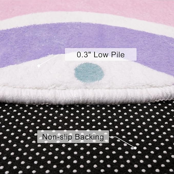 STARUIA Pink Round Rug for Girls, 5 Ft Rainbow Kids Rug for Nursery, Colorful Washable Rug for Bedroom, Non-Slip Circle Time Rugs Soft Polka Carpet for Kids Room Princess Castle