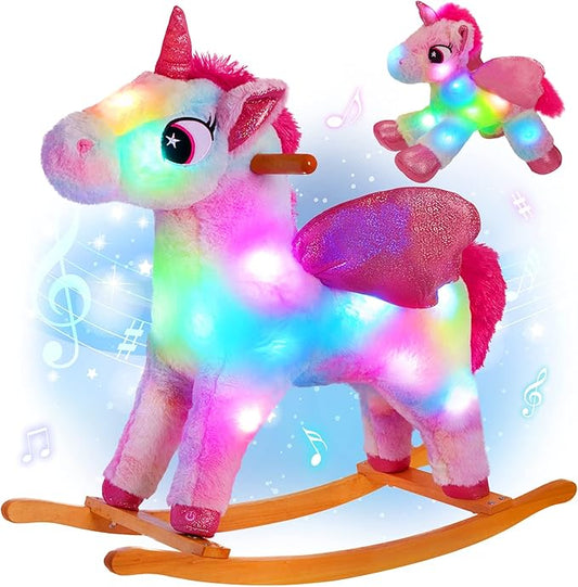 Glow Guards Light up Musical Unicorn Rocking Horse Set of 2 with Stuffed Rainbow Unicorn Toys Ride On Unicorn with Wooden Chair Gifts for Toddler Children Age 3-6