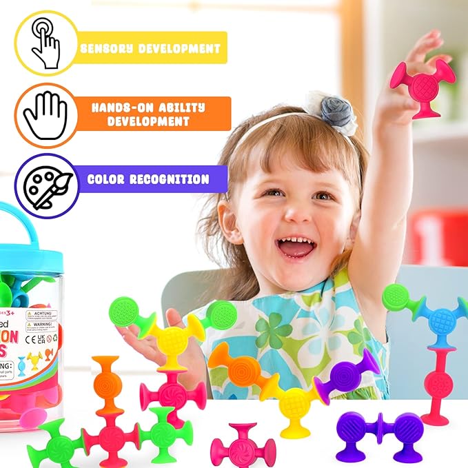 Textured Suction Bath Toys for Toddlers: 30 Pcs Silicone Baby and Toddler Sensory Fine Motor Toys - Great for Autism/ADD/ADHD - Christmas Stocking Stuffers Indoor Outdoor Travel