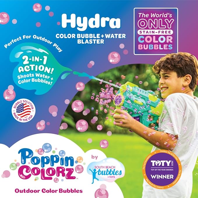 PoppinColorz Hydra Rechargeable 2-in-1 Color Bubbles Blaster & Water Gun:2025 Toy of The Year Finalist. 2X Color Bubble Liquid & 4X Clear No-Spill. Bubble Solutions for Toddlers. Bubbles Made in USA.