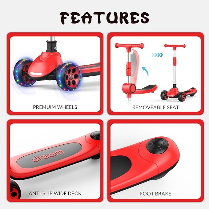 Kids Kick Scooter,Adjustable Height Handlebars and Removable Seat Scooters for Kids,3 Lighted Wheels Anti-Slip Deck Toddler Scooter for Boys & Girls Aged 3-12 up to 132 Lbs.