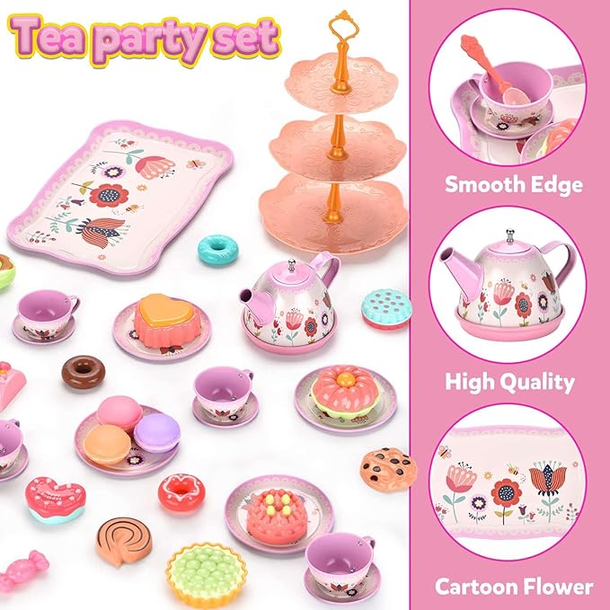 Tea Set for Little Girls, Birthday Gift for Age 3 4 5 6 Year Old, Toddler Toys Tea Party Set for Little Girls, Princess Kids Kitchen Pretend Toy with Tin Tea Set, Desserts & Carrying Case