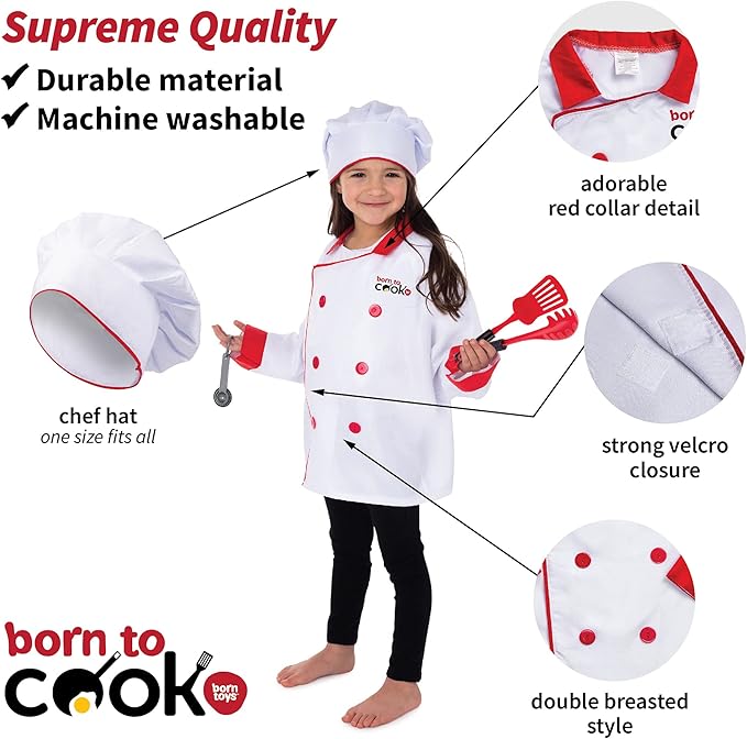 Born Toys Chef Costume for Kids w/ Kids Chef Hat Includes Kids Kitchen Accessories Set Fun Recipe Book - Cooking Set for Kids Costume Washable and Dress Up & Pretend Play for Boys & Girls Ages 3-7