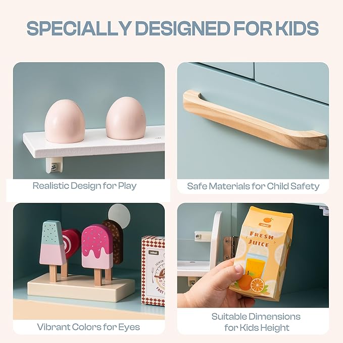 ROBOTIME Toy Kitchen Wooden Fridge, Play Refrigerator for Kids & Toddlers, Wooden Fridge Freezer Set with Ice Maker and Foods, Pretend Play Kitchen Playset for Ages 3+