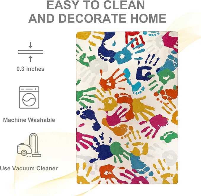 STARUIA Handprints and Footprints Kids Rug for Playroom, 3'x5' Washable Colorful Nursery Rug for Boys and Girls Room, Ultra Soft Non-Slip Carpet Indoor Mat for Classroom Bedroom