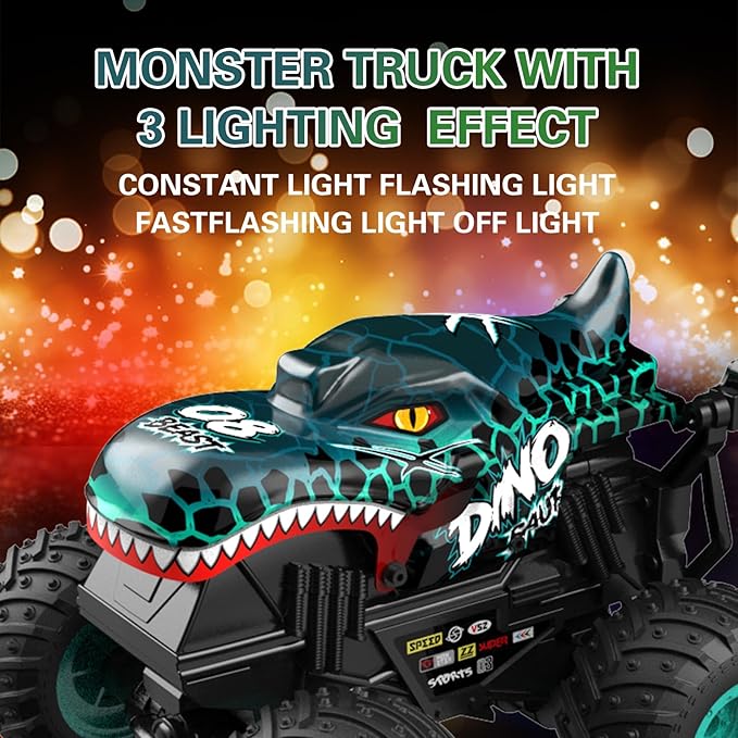Jumping Monster Truck Toy, 2.4GHz Remote Monster Trucks for Boys 4-6, Dinosaur Monster RC Truck, 2 Rechargeable Batteries, 3 Lighting and Music, Rotate 360 °, Drift, Green Remote Control Car