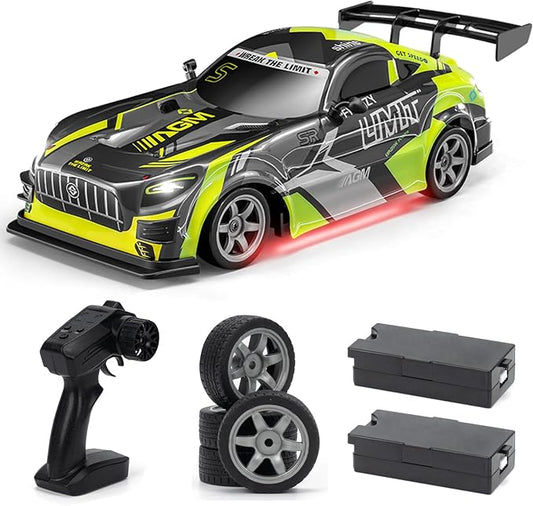 ACAMMZAR 1:16 RC Drift Car, 25KM/H 4WD High Speed Remote Control Cars for Kids, with LED Lights, Two Batteries, Extra Tires, Drift RC Cars for Adults, Green