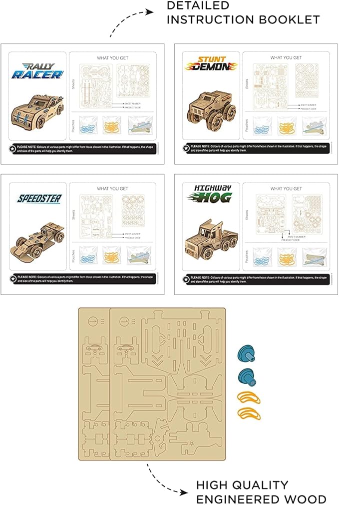 Smartivity Torque Busters 3D Wooden Car Engineering STEM Toy Building Set for Kids Ages 6 and Up, Includes Rubber Bands, Engineered Wood Components, Instruction Manual, Learner's Log