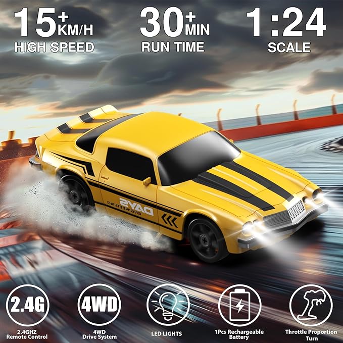 RC Drift Car 1:24 Remote Control Car 4WD 15KM/H High Speed Racing Sport Car with LED Lights RC Cars Toy Cars for Kids Boys Girls Adults Gifts Birthday Christmas Rechargeable Batteries