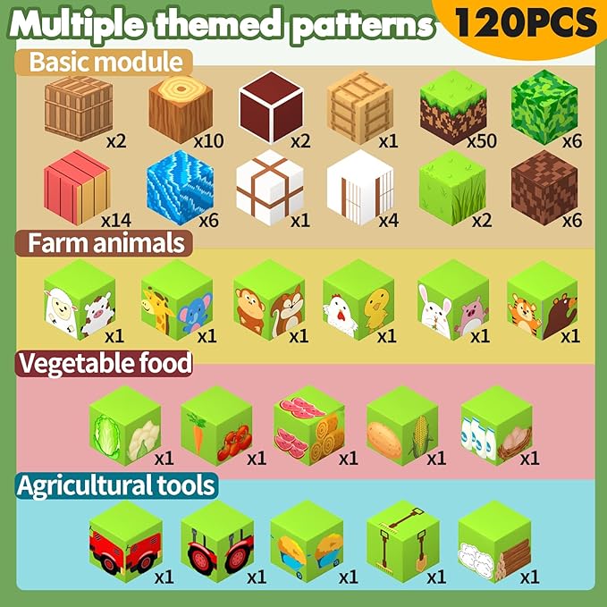 120 PCS Magnetic Building Blocks for Kids, Farm Animal Toys for Boys and Girls Ages 3-5 6-8 8-12. STEM Learning, Montessori, Fidget, Sensory Cubes. Magnet Tiles Block Gifts for Toddler and 3+ Year Old