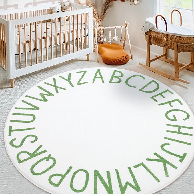 Topotdor Round Kids Play Rug Alphabet Nursery Area Rug Extra Large Soft Crawling Play Mat for Children Toddlers Bedroom (47 inch, Green/White)