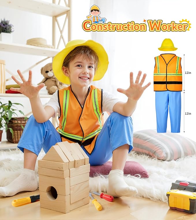 Jeowoqao Boy's Dress Up Costumes Set, Kids Role Play Set 11pcs Dress Up Trunk Pirate, Chef, Construction Worker, Policeman Costume For Kids Girls Toddler Age 3 4 5 6 Christmas Birthday Gift