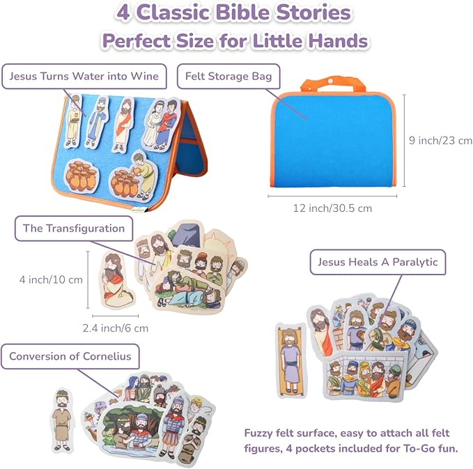 CHEFAN Felt/Flannel Board Story Set of 4,PRECUT Felt Pieces for Preschool Toddlers Circle Time,Bible Story,Jesus Heals A Paralytic,The Transfiguration,Conversion of Cornelius,Turns Water into Wine