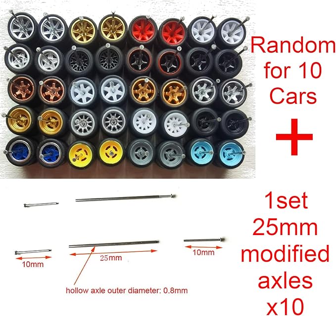 1:64 Scale Rubber Tire and Axle Set – 10-Pack Custom Wheels with Easy-Install Axles for Hot Wheels & Matchbox Cars – Mixed Styles, No Drilling Needed