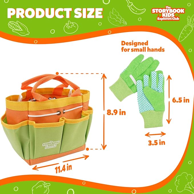 Matching Board Book - Green Kids Gardening Tools Set Includes Sturdy Tote Bag, Watering Can, Shovel, Rake, and Trowel - Garden Storybook - Kids Garden Tools- Easter Gifts for Toddler Age on up.