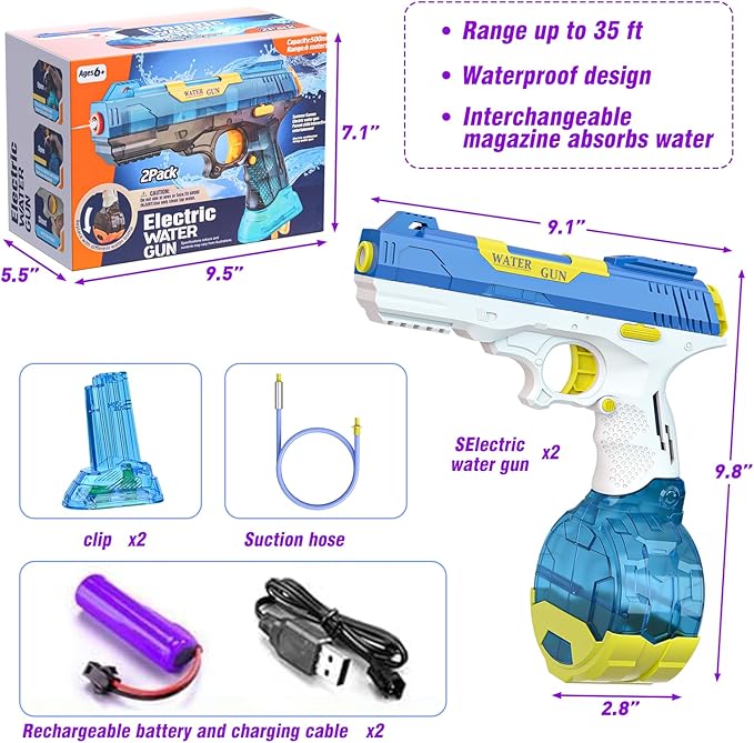 2 Pack Super Electric Water Guns, High Capacity, Long Range Up to 25-32ft, Powerful Fully Automatic 'Unlimited Bullets' Water Gun for Connecting Pool, Ultimate Summer Outdoor Water Battle Fun