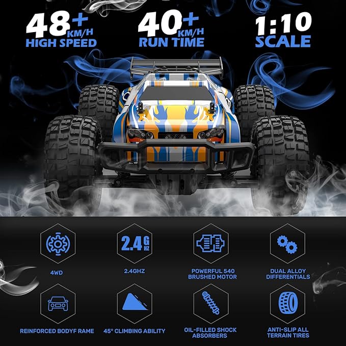 Holyton 1:10 Large High Speed Remote Control Car with LED Shell Lights, 48+ KM/H, 4WD Offroad Monster Truck for Adults & Kids, Hobby RC Truck Vehicle, 2 Battery Crawler Toy Gift for Boy
