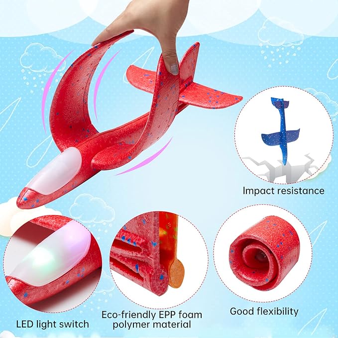 4 Pack LED Light Airplane Toys,17.5" Large Throwing Foam Plane,2 Flight Mode Glider Plane,Foam Airplane Flying Toys for Kids,Outdoor Sport Game Toys,Foam Glider Airplane,Gift Toys for Boys Girls