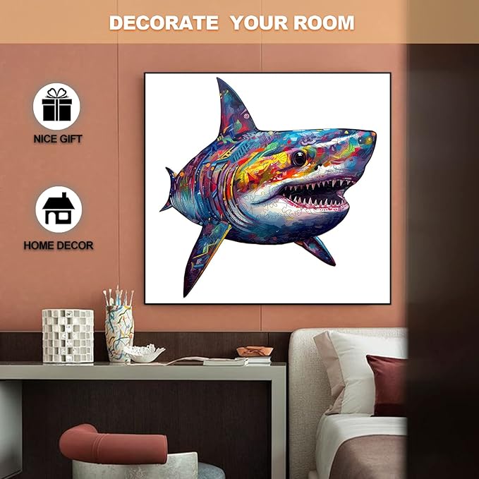WOODBESTS Wooden Puzzle for Adults, Shark Puzzle (L, 300pcs, 16.7"x16.5") Beautiful Wooden Box, Wooden Jigsaw Puzzles Unique Shape, Birthday Gifts for Adults and Kids Family Game