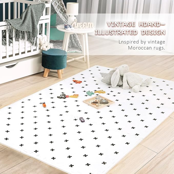 TCBunny 16 Interlocking Tiles and Edges Baby Play Mat for Kids & Toddlers - 5.6 X 4 FT (White with Black Cross)