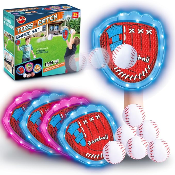 VATOS Toss and Catch Ball Game Set, 6 Sticky Balls & 4 Baseballs Training Glove with LED Light, Outdoor Toys Backyard Garden Lawn Games Sports for Kids Boys Girls 3-12