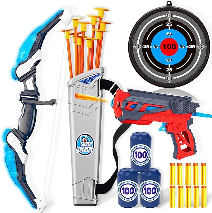 Doloowee Kids Bow and Arrow Set,Archery Toy Set with Light-up LED,10 Suction Cup Arrows,Foam Dart Shooting Toy,Target and Quiver,Indoor & Outdoor Toys Gifts for 3 4 5 6 7 8-12 Years Old Boys Girl