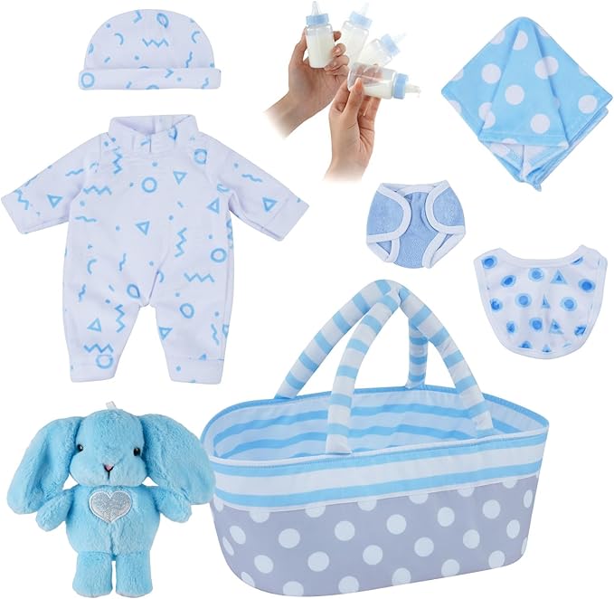 BABESIDE 8 Pcs Baby Doll Clothes Set with Bassinet for 8-10-12 Inch Dolls, Bitty Baby Doll Clothes and Accessories for Newborn Babydolls Boy, Blue