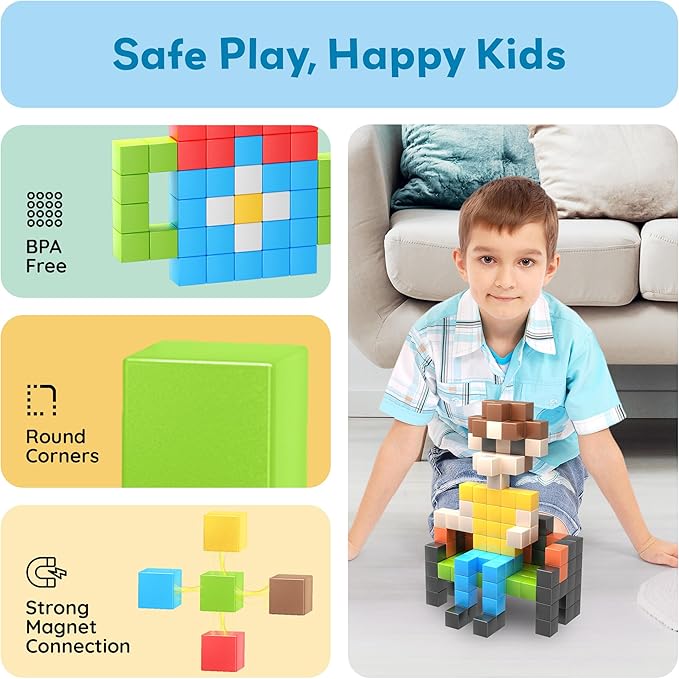 Picasso Cubes 1” Magnetic Puzzle Cubes 108 Piece Magnet Construction Building Block Set Sensory Toy Early Education STEM Learning, Free Ideabook with 50 Ideas, Children Age 3+ Boy Girl PMC108