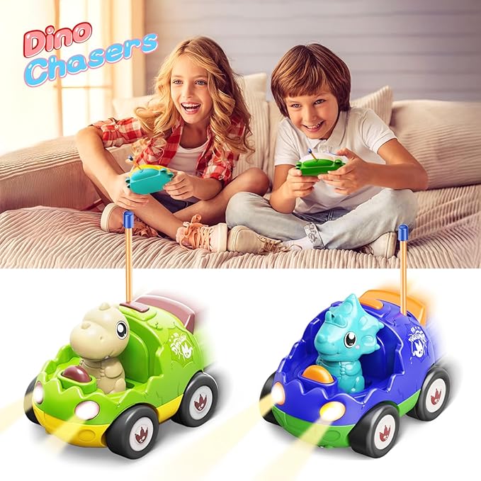 2 Pack Dinosaur Toys Remote Control Cars for Toddlers Ages 2 3 4 5 6, Christmas Birthday Gifts for 2-5 Year Old Boys, Dinosaur RC Car Toys with Music and Lights (Green Blue)