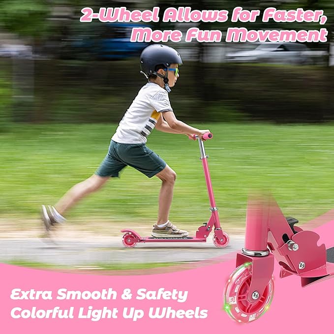 Scooters for Kids 3-5, Kick Scooter Foldable, 2 Wheel Scooter with Fun Light Up Wheels, 24-28 Adjustable Handlebar, Heavy Duty Steel Frame, Outdoor Smooth Riding, Max 90 lb, Girl Birthday Gift