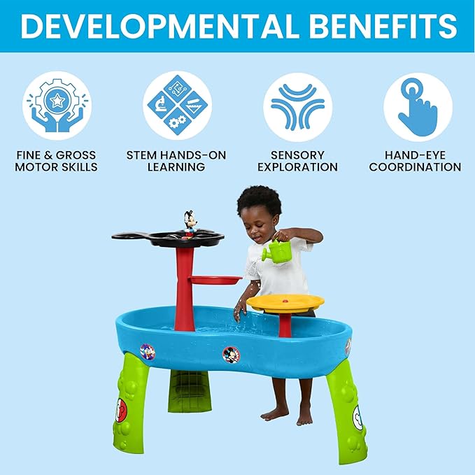 Disney Mickey Mouse Water Table by Delta Children| 3-Tier Water Play Table with 11-Piece Toy Set | Water Sensory Table + Summer Beach Toys for Outside Backyard for Toddlers Ages 2+, Blue