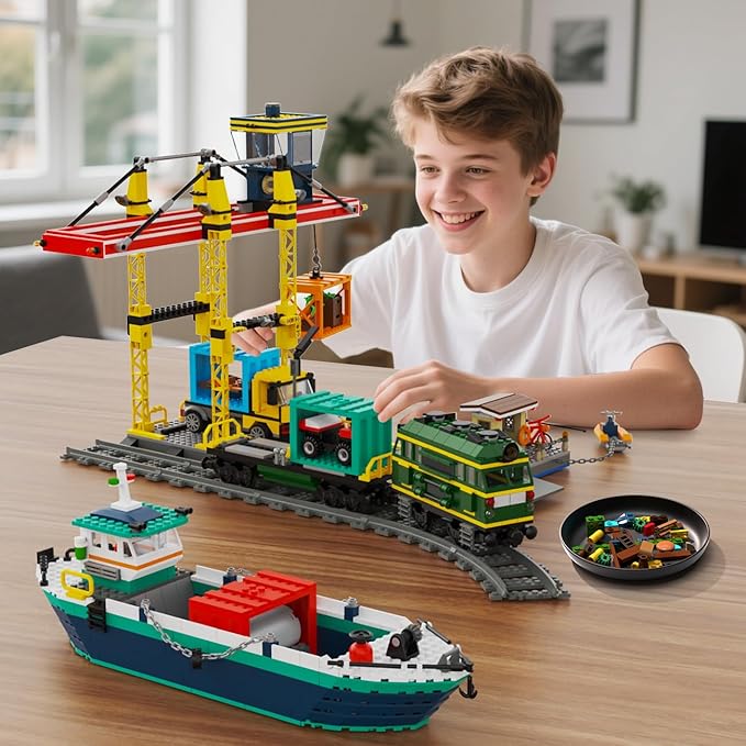 HOGOKIDS City Wharf Building Set with Crane - Includes Ship Train Truck, 4 Containers with Cargo Harbor Building Blocks | Large Construction Toy for for Adults Teens Kids Girls Boys 8-14+（1373PCS）