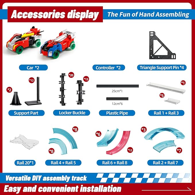 Remote Control Rail car Magnetic DIY Versatile Assembly Slot Cars Children's Competitive Race Track Toys STEM Parent-Child Boys and Girls Gifts (Competitive Two-car Version)