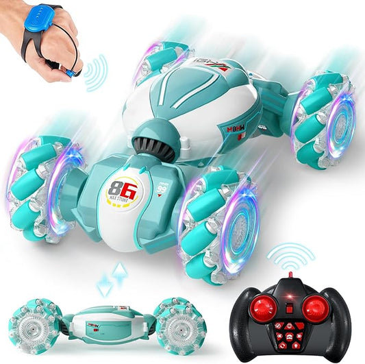 Gesture Sensing RC Stunt Car, Best Birthday Gift Ideas for Boys 6-12, Toys for Boys Age 8/9/10/11/12, 4WD 2.4GHz Remote Control Twist Car with Light & Music, Off Road 360° Rotating