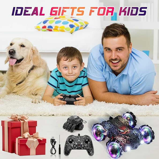 Hand Controlled Remote Control Car, 2.4Ghz Gesture Sensing RC Stunt Car with Wholebody Light & Headlight, Rechargeable 360° Rotating Double Sided RC Cars Black Spider Toys for Boys 4-6 5-7 8-12