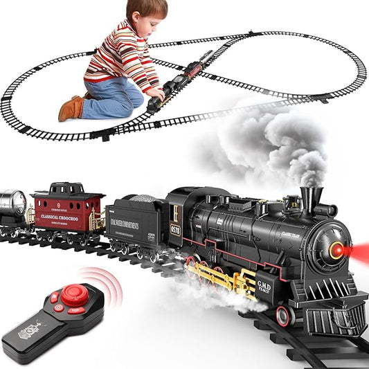 Hot Bee Train Set for Boys, Alloy Remote Control Train Toys with Steam Locomotive Cargo Cars Tracks, Trains with Realistic Smoke Sound Lights,Christmas Train Toys Gifts for 3 4 5 6 7 8+ Years Old Kids